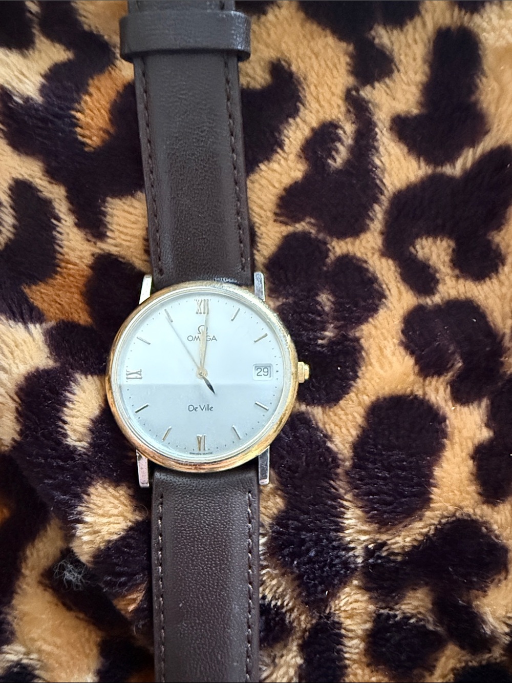 PRE OWNED Omega De Ville Gold Tone Case with White Dial and Brown Leather Strap